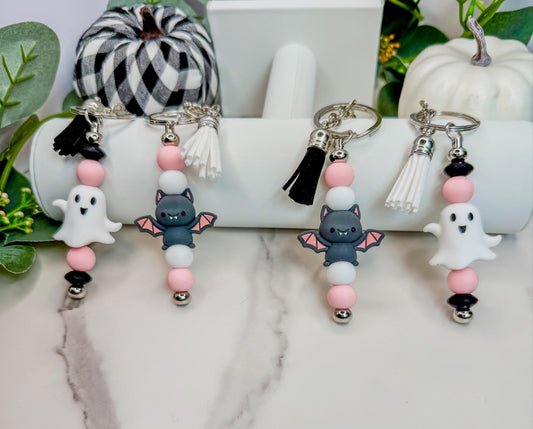 Ghost Bat Keychains – Handmade Silicone Bead Charm | Spooky Halloween Gifts