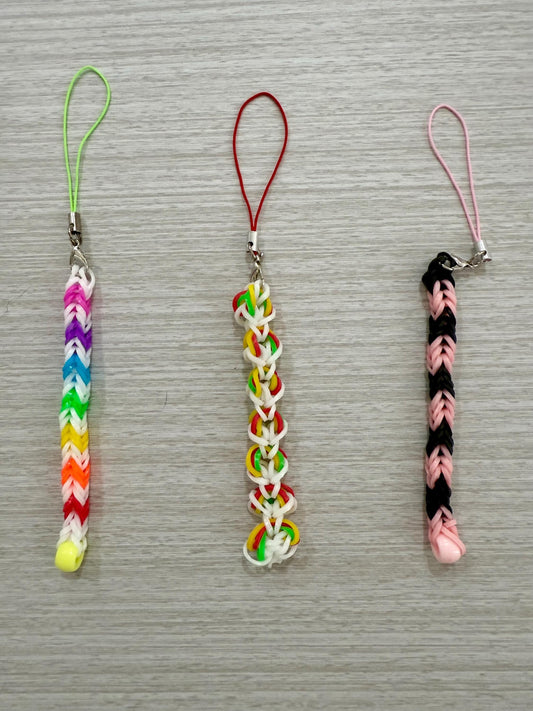 Handwoven Phone Charms | Stretchy Phone Charm with Metal Clasp Connector & Rainbow Loom Design