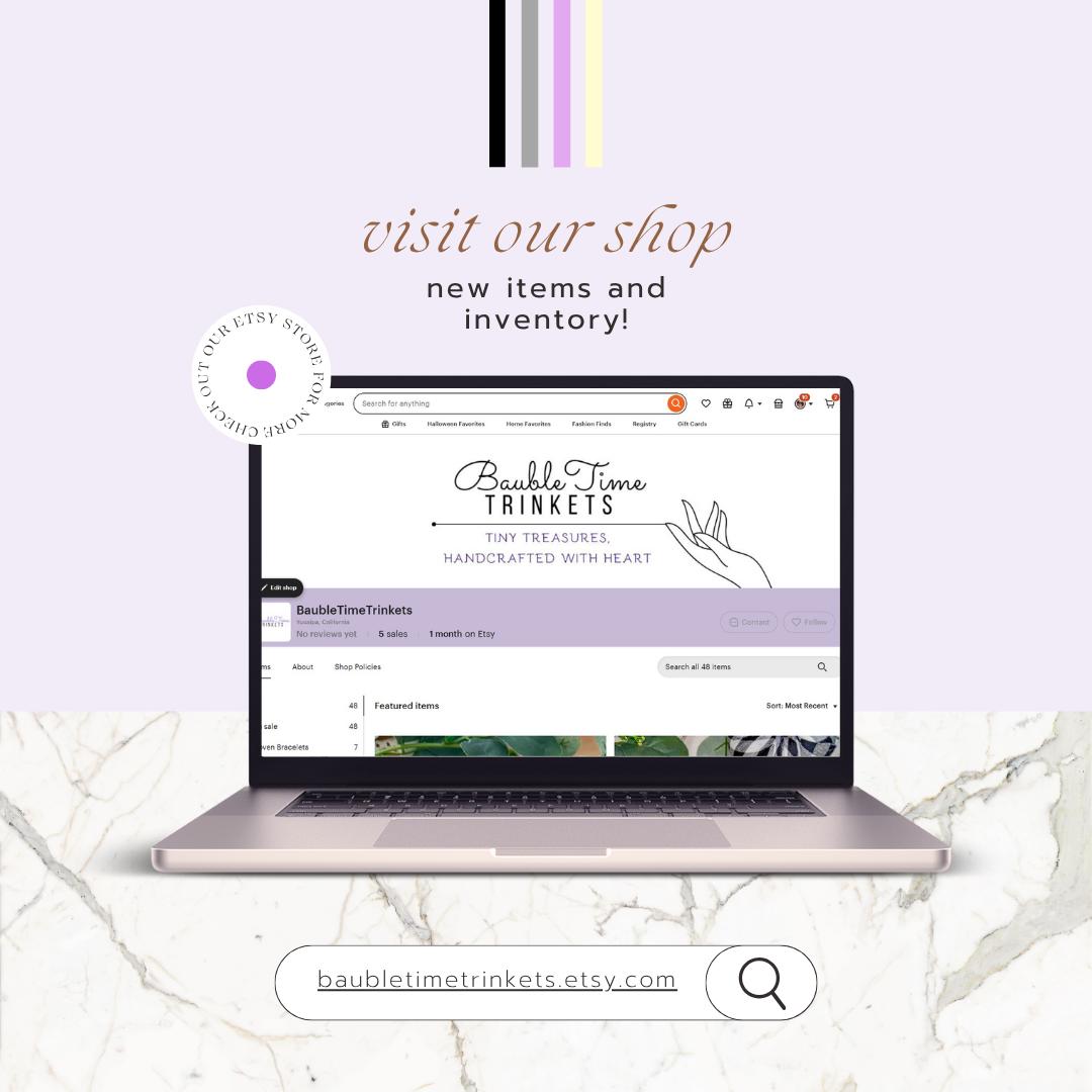 The image is an advertisement for a shop called "BubbleTimeTrinkets", featuring a laptop displaying the shop's website. The text invites viewers to visit the shop and explore new items and inventory.