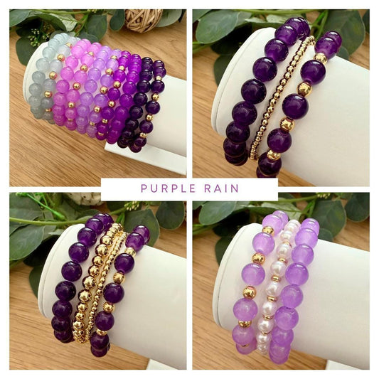 Purple Glass Beaded Bracelet: 14k Gold Filled Spacers, Handmade USA - Stretchy, No Clasp Design