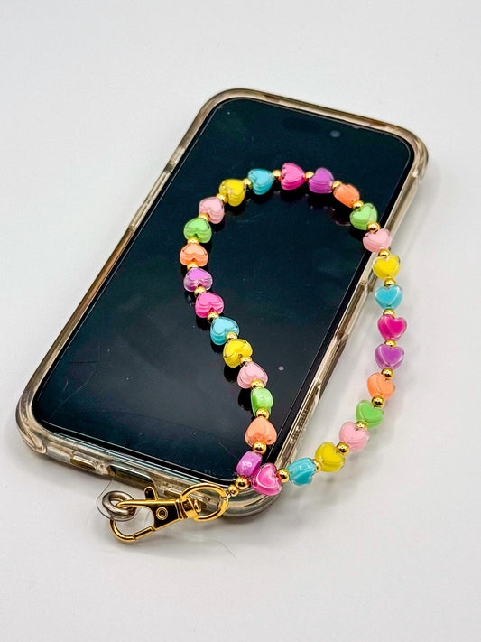 Candy Hearts Beaded Phone Charm Wristlet - Pastel Beaded Phone Strap - Y2K Cute Phone Lanyard Wrist Strap - Kawaii Coquette Gift for Her