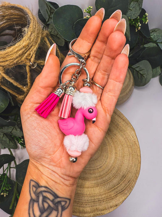 Fuzzy Flamingo Pink Keychain: Pink Tassel Bag Charm, Handmade USA