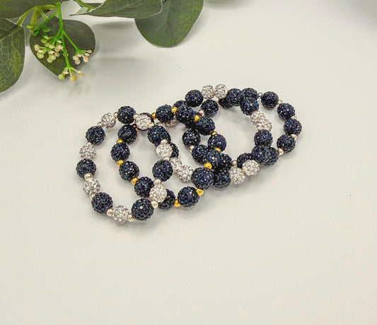 Navy Shamballa Beaded Bracelets- Rhinestone Handmade Jewelry - Stretchy, No Clasp Design