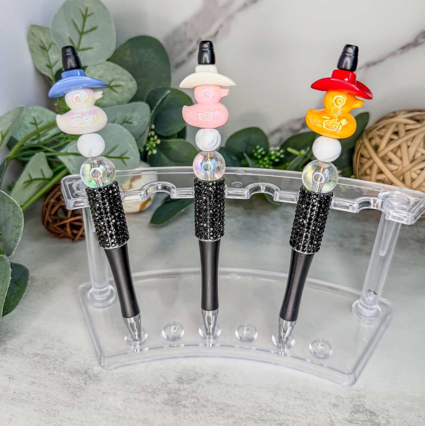 Duck Bead Pens - Iridescent Handmade Acrylic Pens with Cowboy Hat Charm
