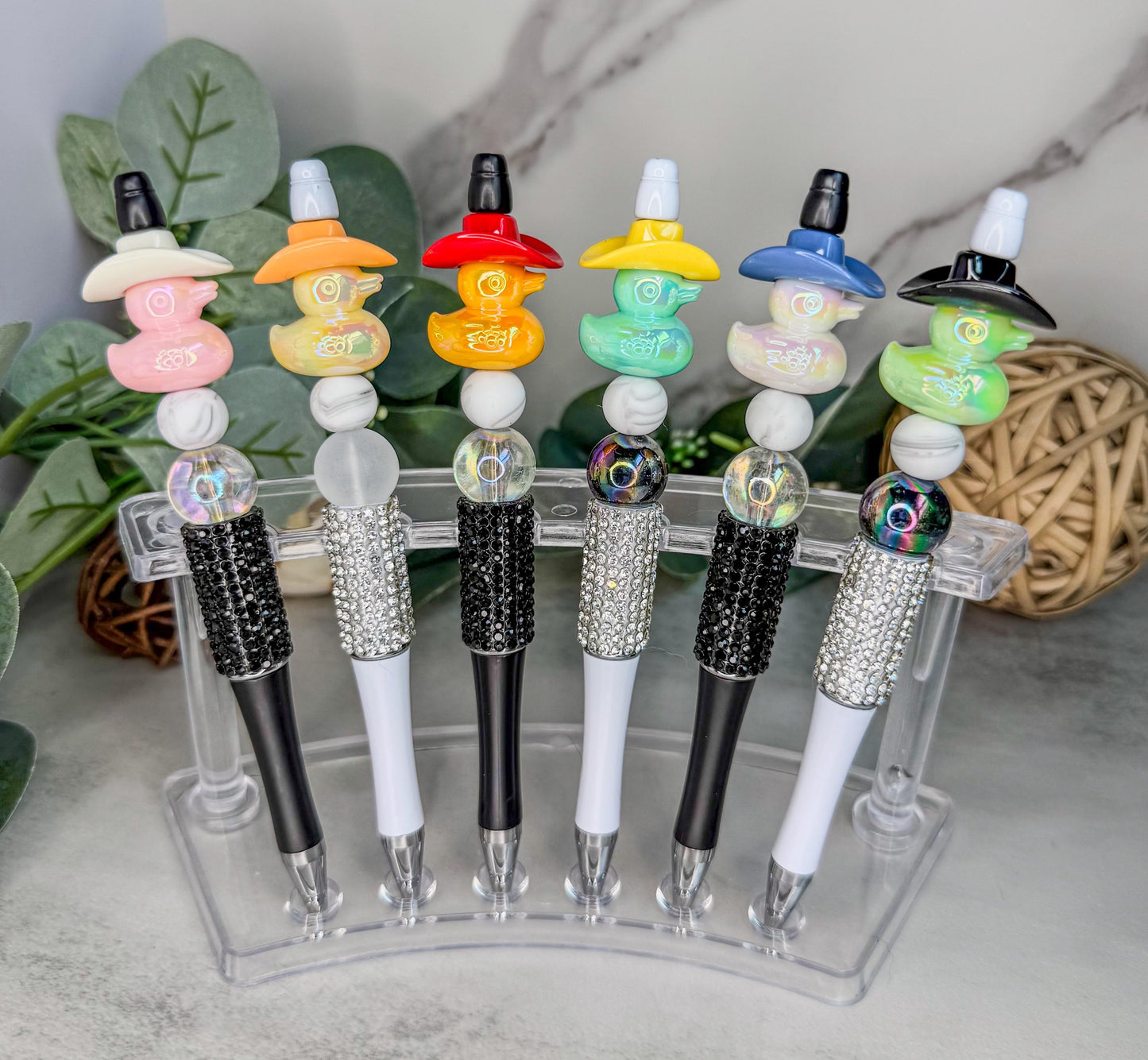 Duck Bead Pens - Iridescent Handmade Acrylic Pens with Cowboy Hat Charm