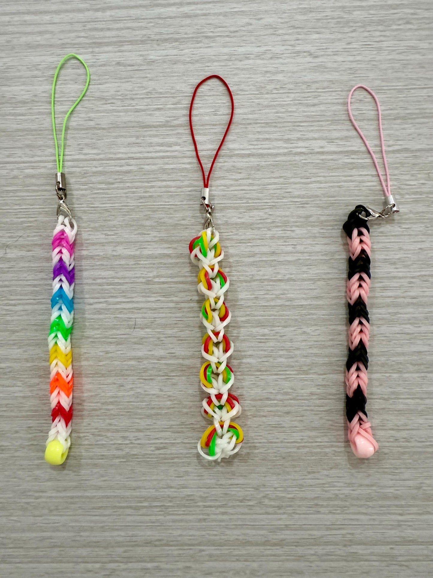 Handwoven Phone Charms | Stretchy Phone Charm with Metal Clasp Connector & Rainbow Loom Design