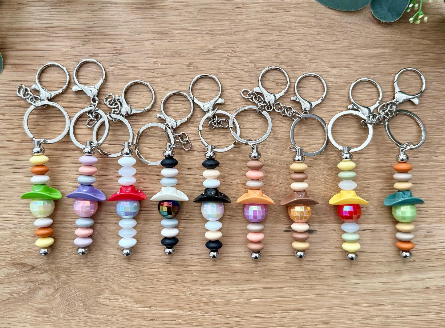 Beaded Cowboy Hat Keychain - Handmade Acrylic Charm With Disco Ball Design