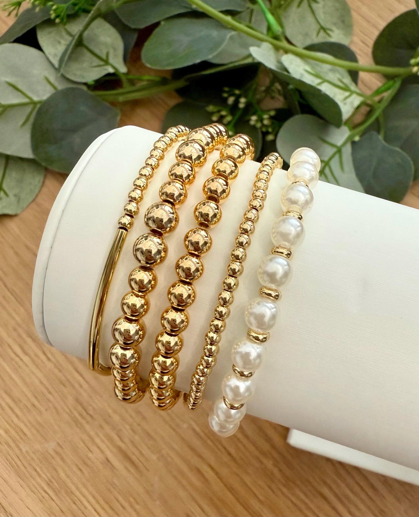 14k Gold Filled Bracelets - Elegant Pearl Bead Stacking Bracelet Sets for Layering