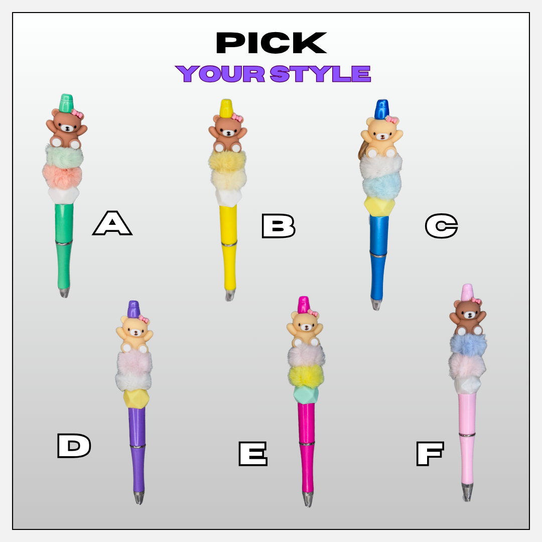 six colorful pens with teddy bear decorations, each with a different color and style.