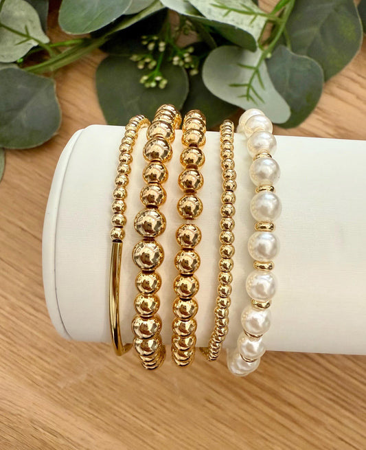 14k Gold Filled Bracelets - Elegant Pearl Bead Stacking Bracelet Sets for Layering