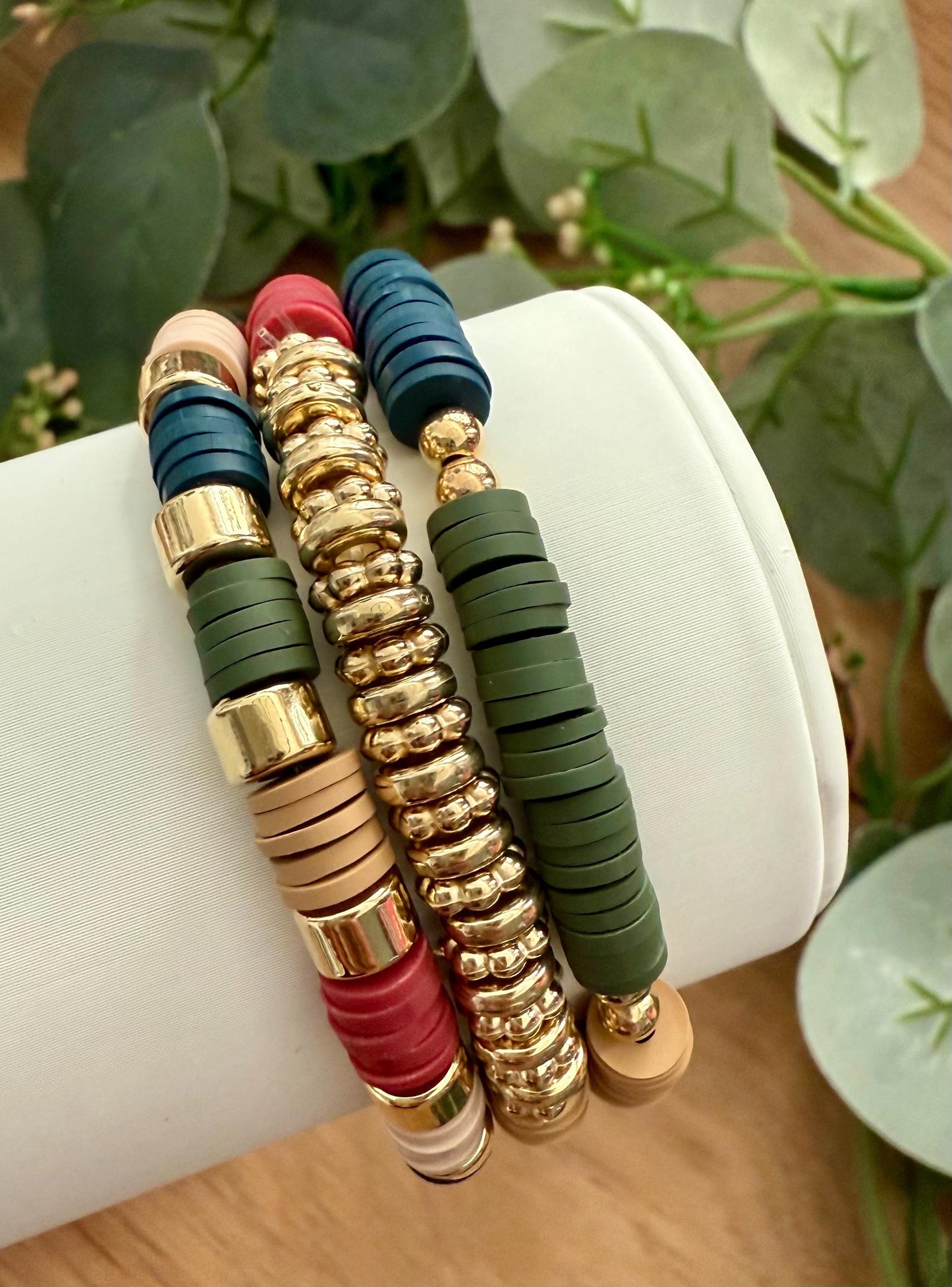Handmade Clay Bead Bracelet Stack in Nature-Inspired Colors