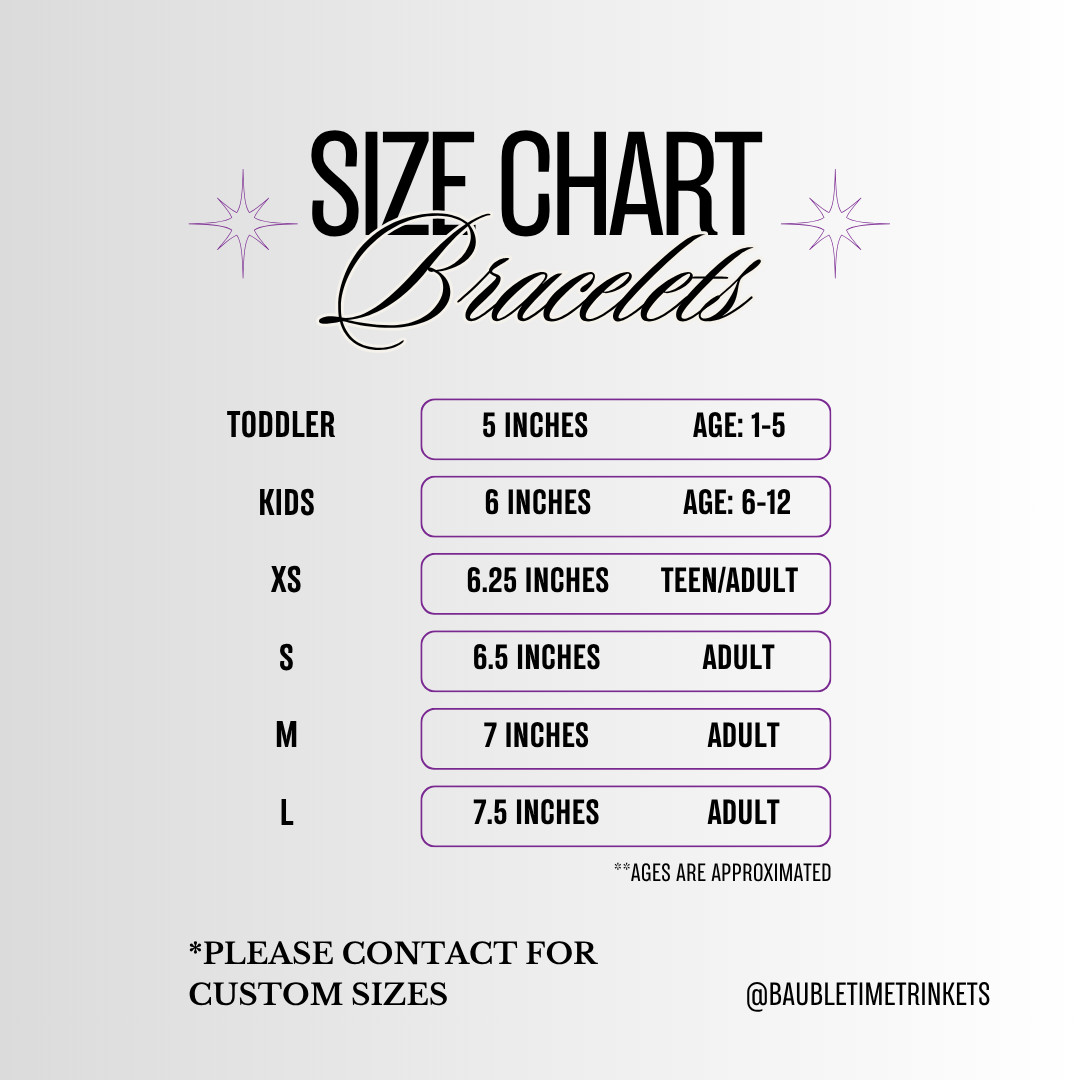 The image is a size chart for bracelets, providing different sizes for children and adults.