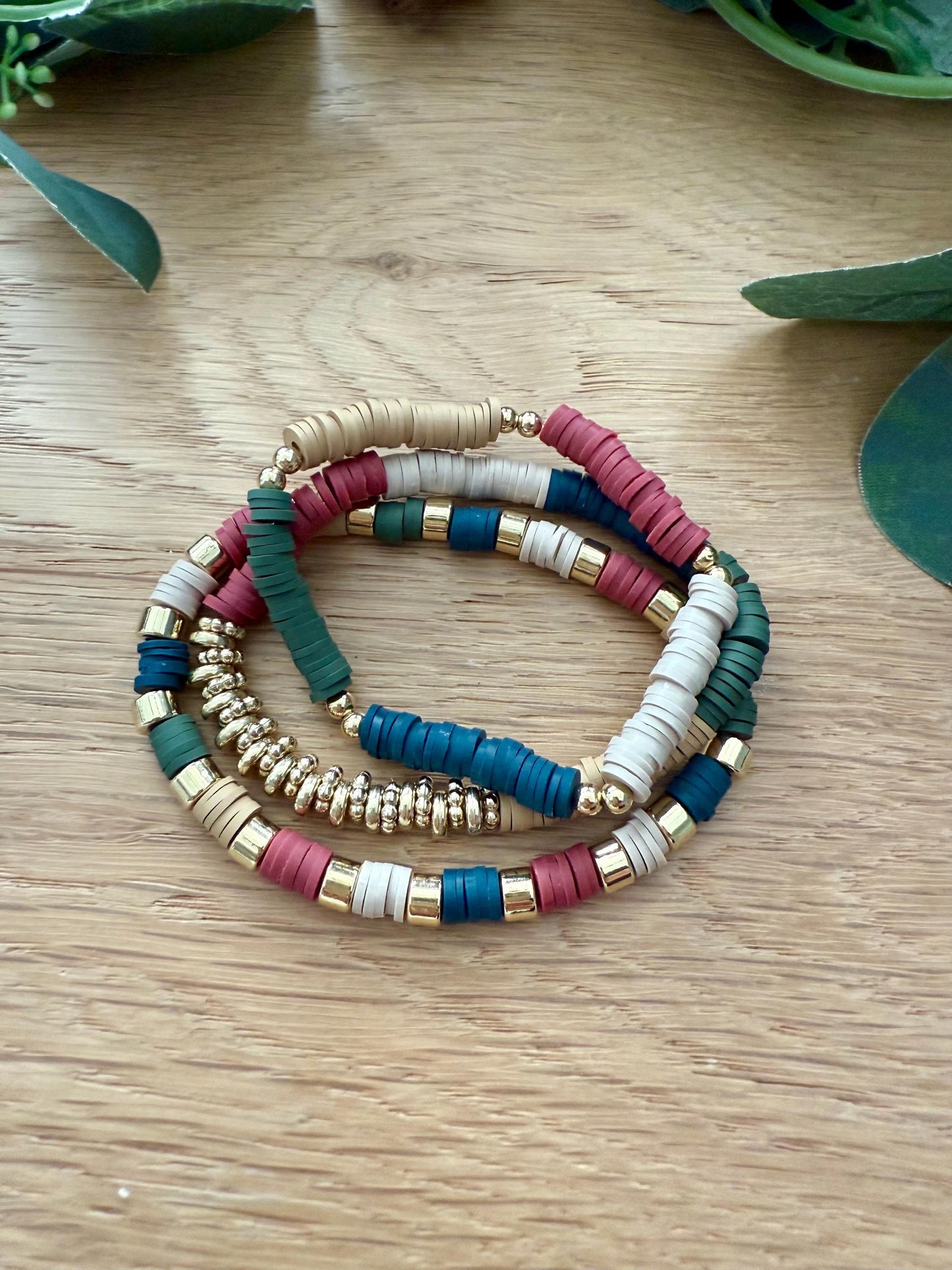 Handmade Clay Bead Bracelet Stack in Nature-Inspired Colors