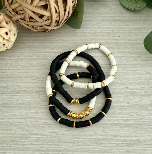 Elegant Black, White & Gold Bracelet Stack: 14k Heishi Bead Clay Set for Women - Handmade Jewelry Gift