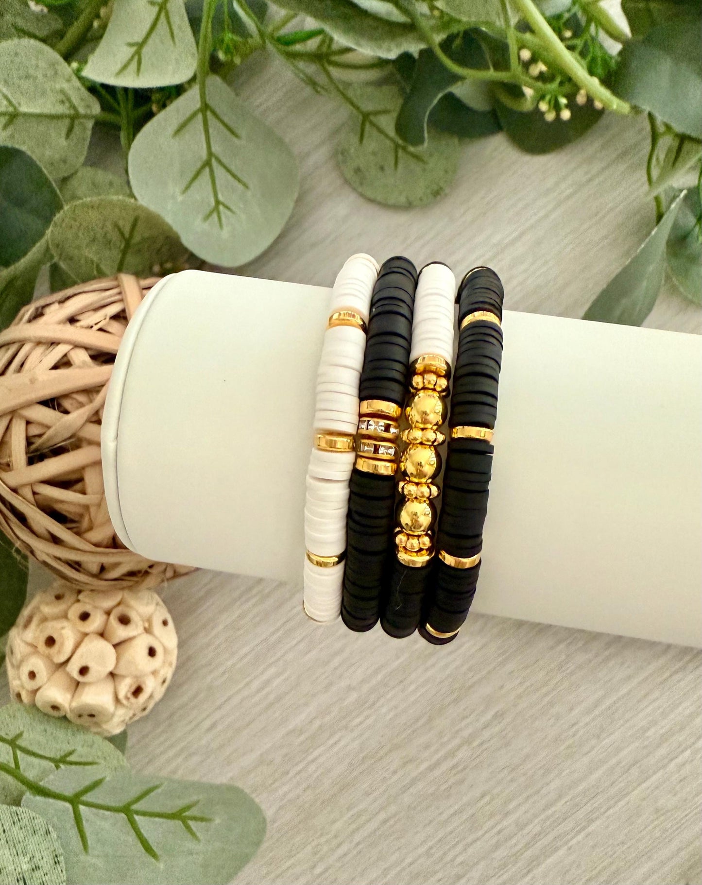 Elegant Black, White & Gold Bracelet Stack: 14k Heishi Bead Clay Set for Women - Handmade Jewelry Gift