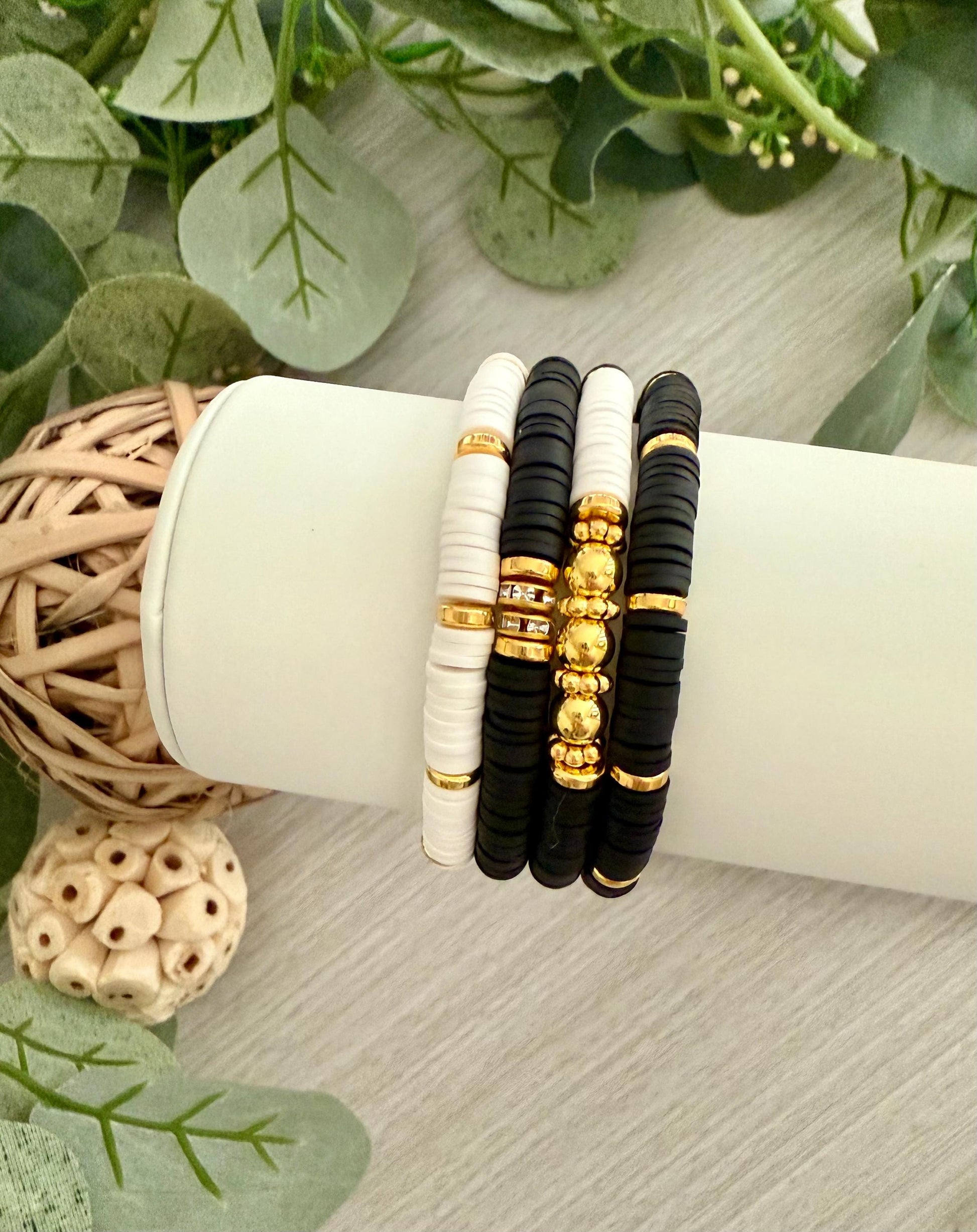 Elegant Black, White & Gold Bracelet Stack: 14k Heishi Bead Clay Set for Women - Handmade Jewelry Gift