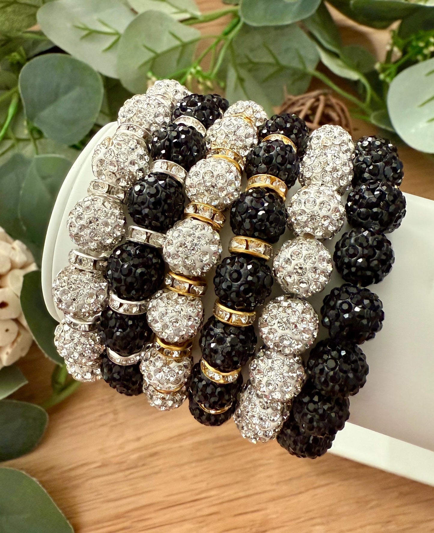 Rhinestone Shamballa Bracelet | Sparkly Stretch Bead Bracelet for Women | Silver and Gold Bling Jewelry | Bridesmaid Gift | Prom Accessories