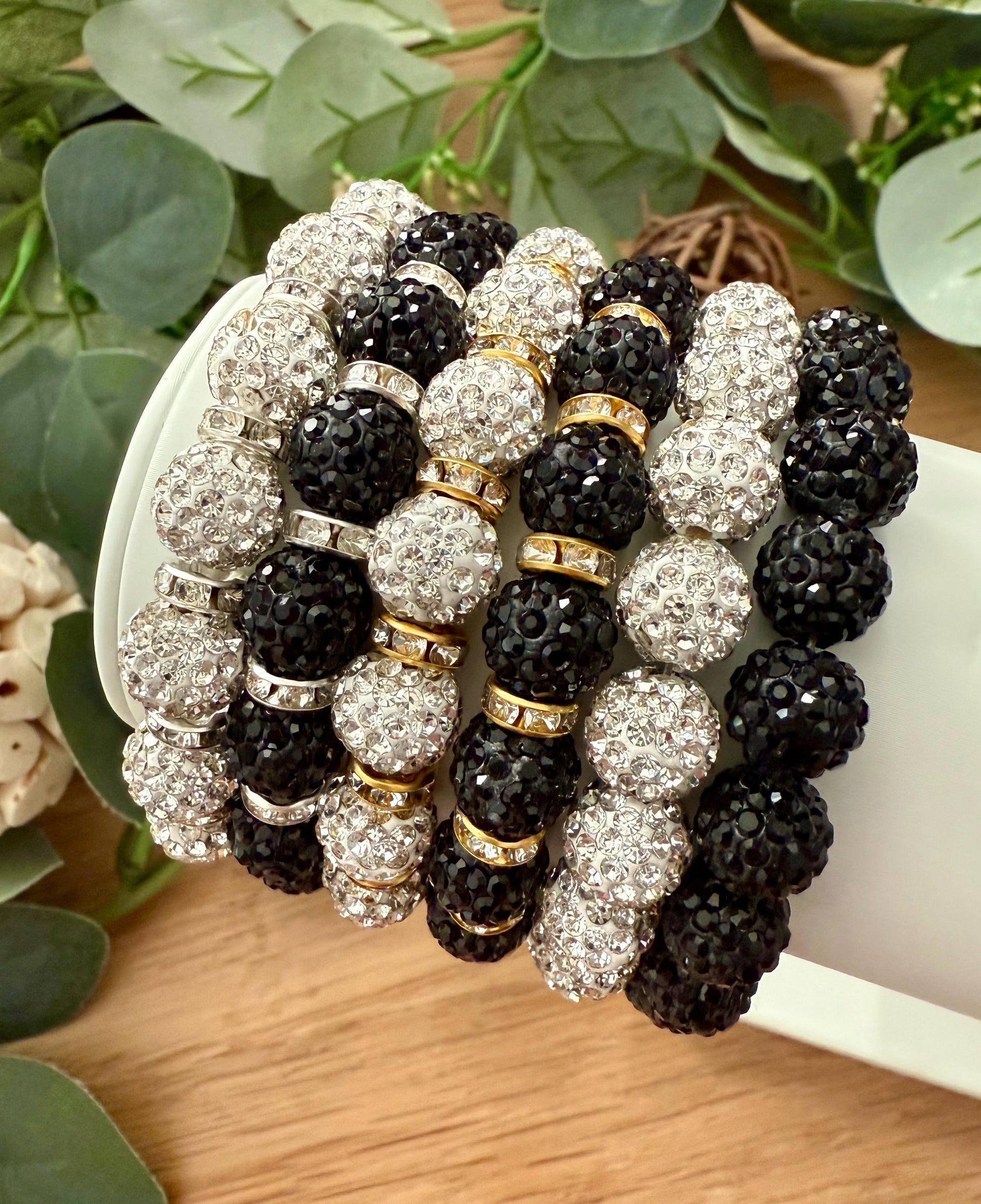 Rhinestone Shamballa Bracelet | Sparkly Stretch Bead Bracelet for Women | Silver and Gold Bling Jewelry | Bridesmaid Gift | Prom Accessories