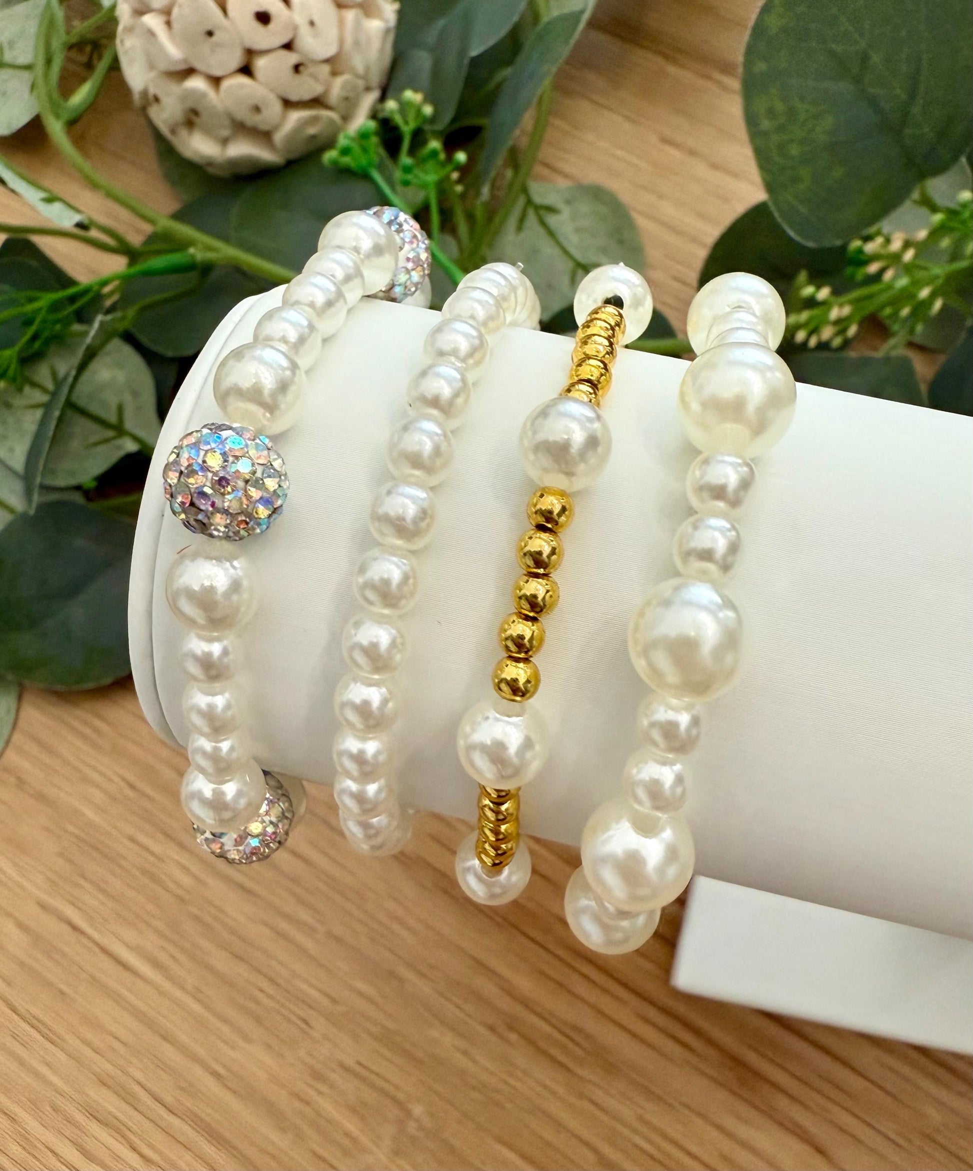 Stack Filler Bracelets for Sets- Pearl - Gold - Rhinestone