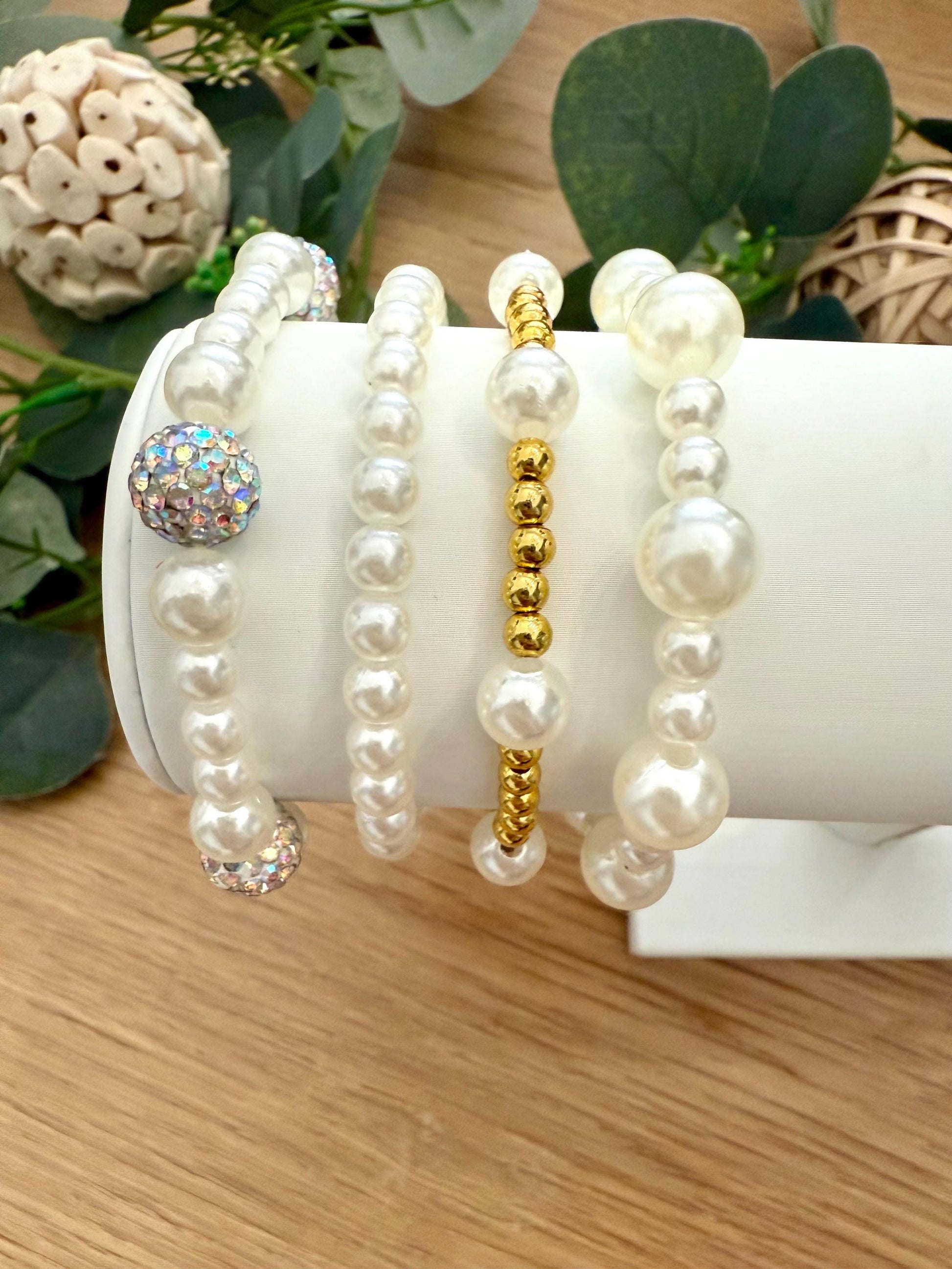 Stack Filler Bracelets for Sets- Pearl - Gold - Rhinestone
