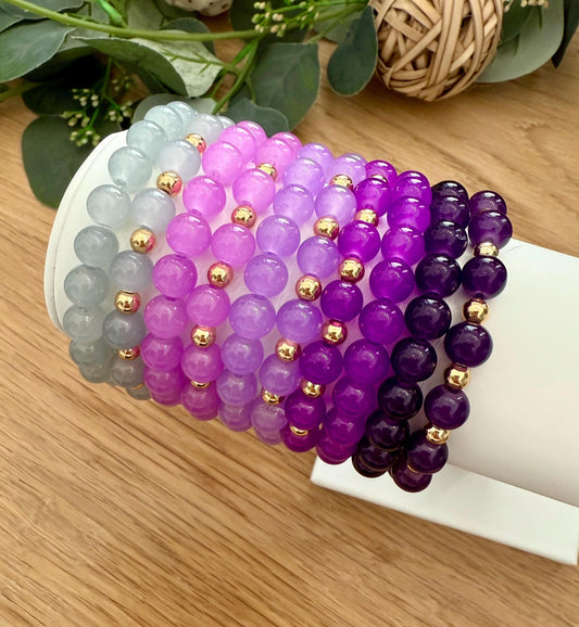 Purple Glass Beaded Bracelet: 14k Gold Filled Spacers, Handmade USA - Stretchy, No Clasp Design