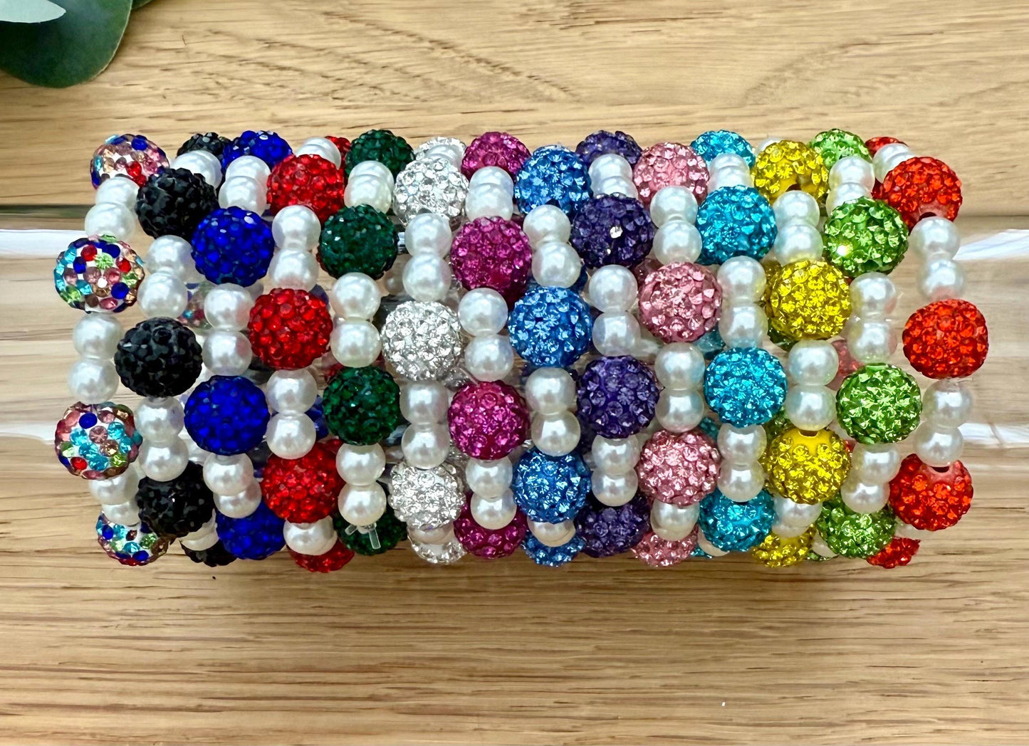 Mix and Match - Rhinestone Shamballa Pearl Bracelets - Various Colors & Sizes - Stretchy, No Clasp Design