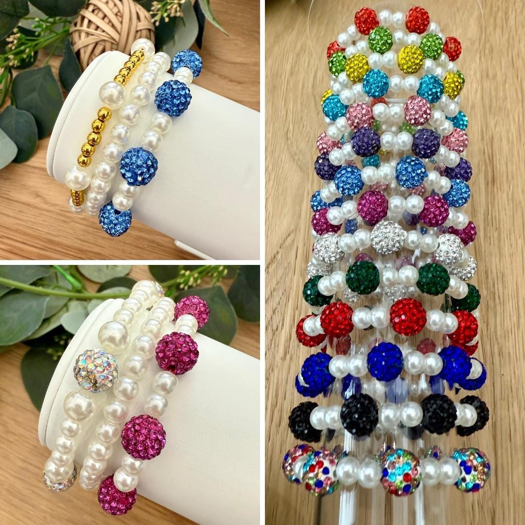 Mix and Match - Rhinestone Shamballa Pearl Bracelets - Various Colors & Sizes - Stretchy, No Clasp Design