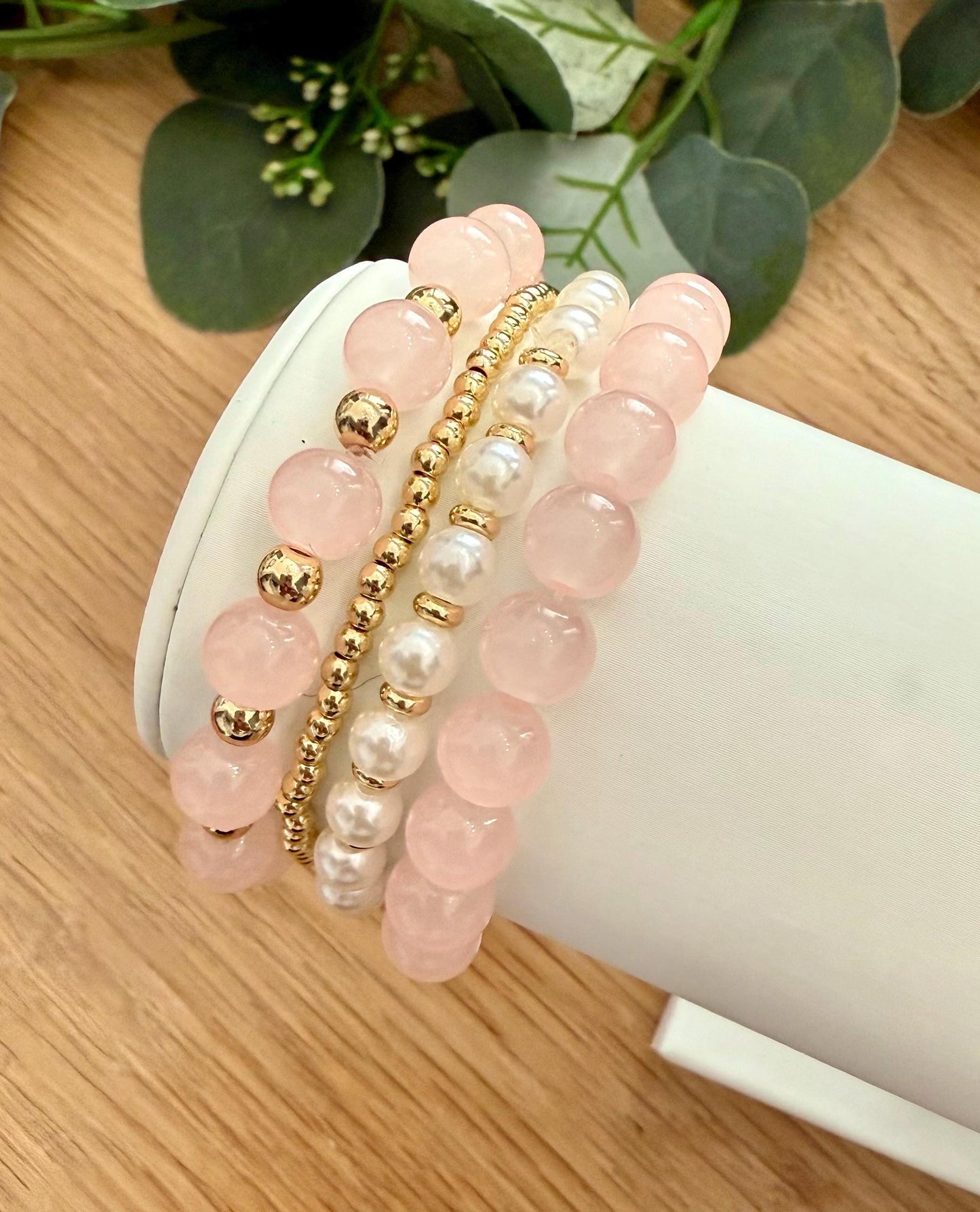 Pink Glass Beaded Bracelet: 14k Gold Accents