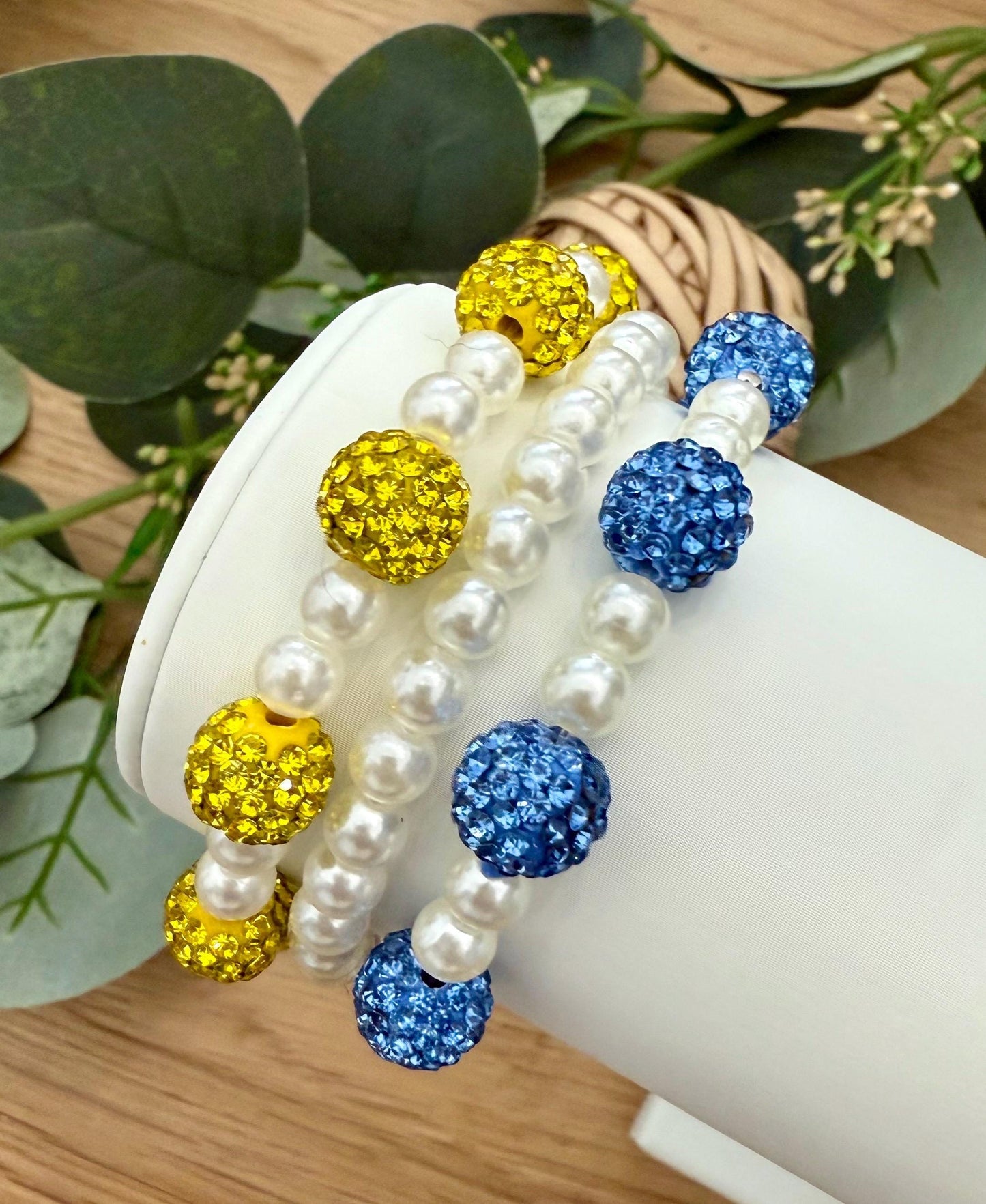 Mix and Match - Rhinestone Shamballa Pearl Bracelets - Various Colors & Sizes - Stretchy, No Clasp Design