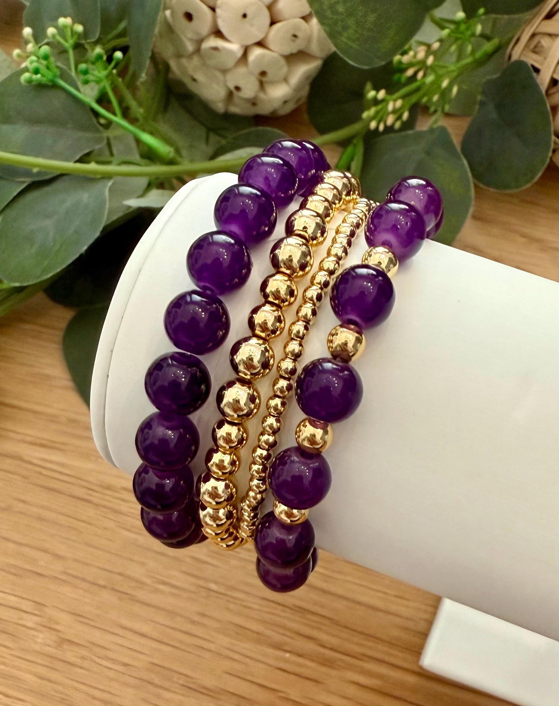 Purple Glass Beaded Bracelet: 14k Gold Filled Spacers, Handmade USA - Stretchy, No Clasp Design