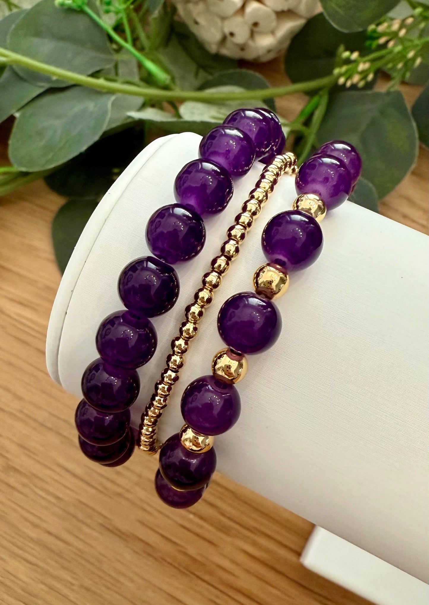 Purple Glass Beaded Bracelet: 14k Gold Filled Spacers, Handmade USA - Stretchy, No Clasp Design