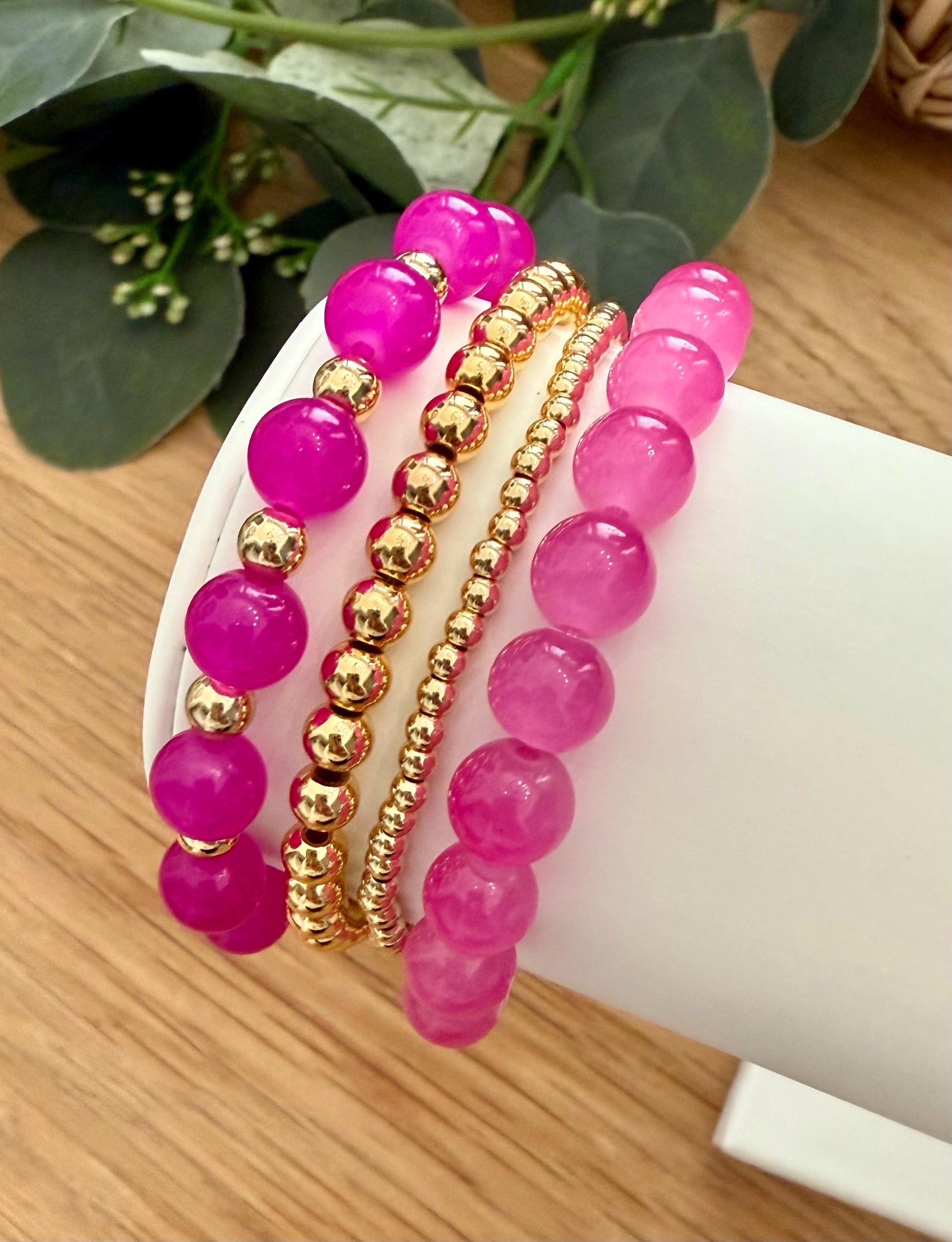 Pink Glass Beaded Bracelet: 14k Gold Accents