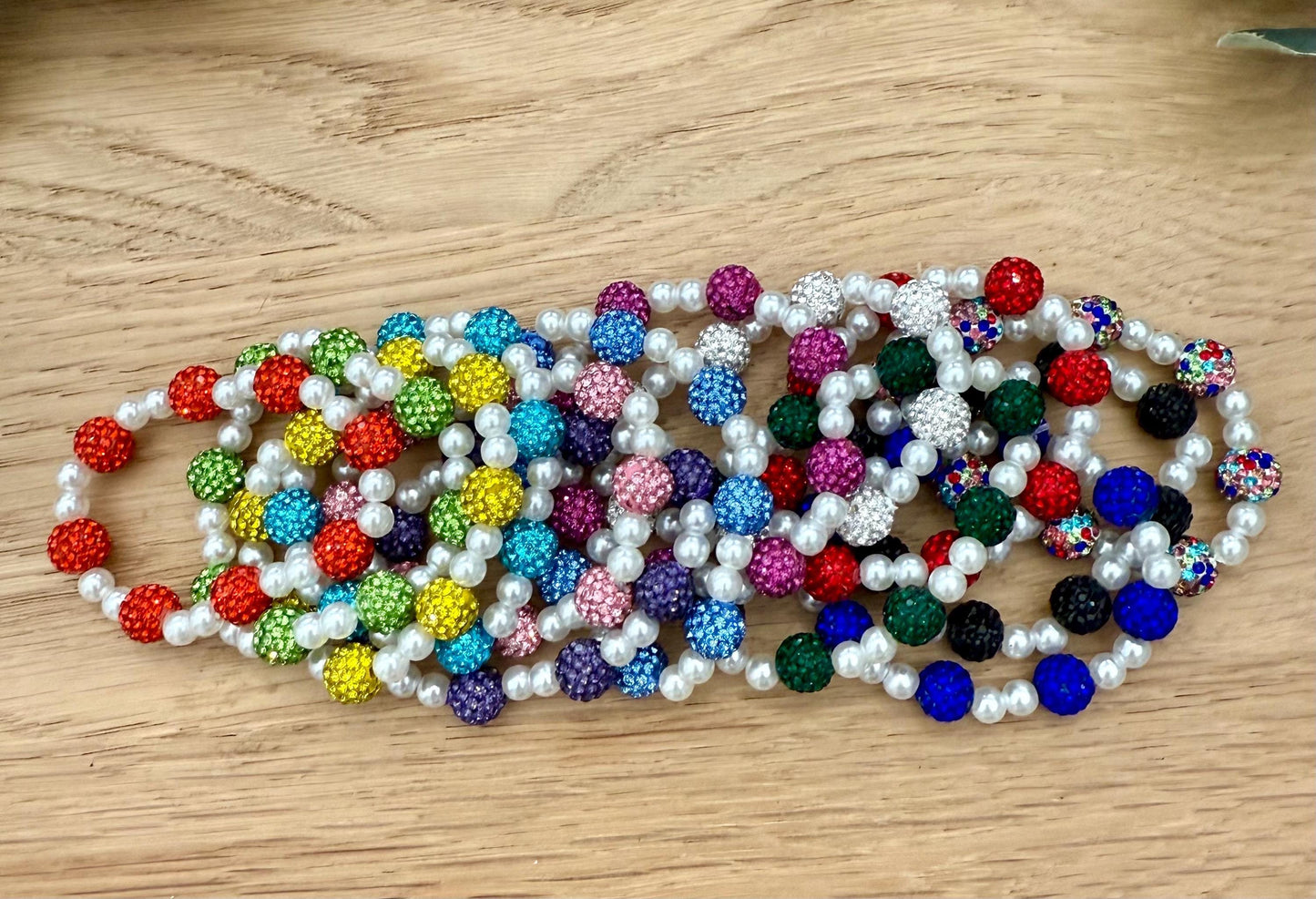 Mix and Match - Rhinestone Shamballa Pearl Bracelets - Various Colors & Sizes - Stretchy, No Clasp Design