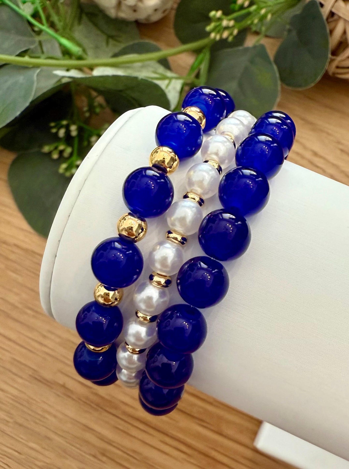 Handmade Blue Glass Beaded Bracelet: 14k Gold Filled Accents - Stretchy, No Clasp Design