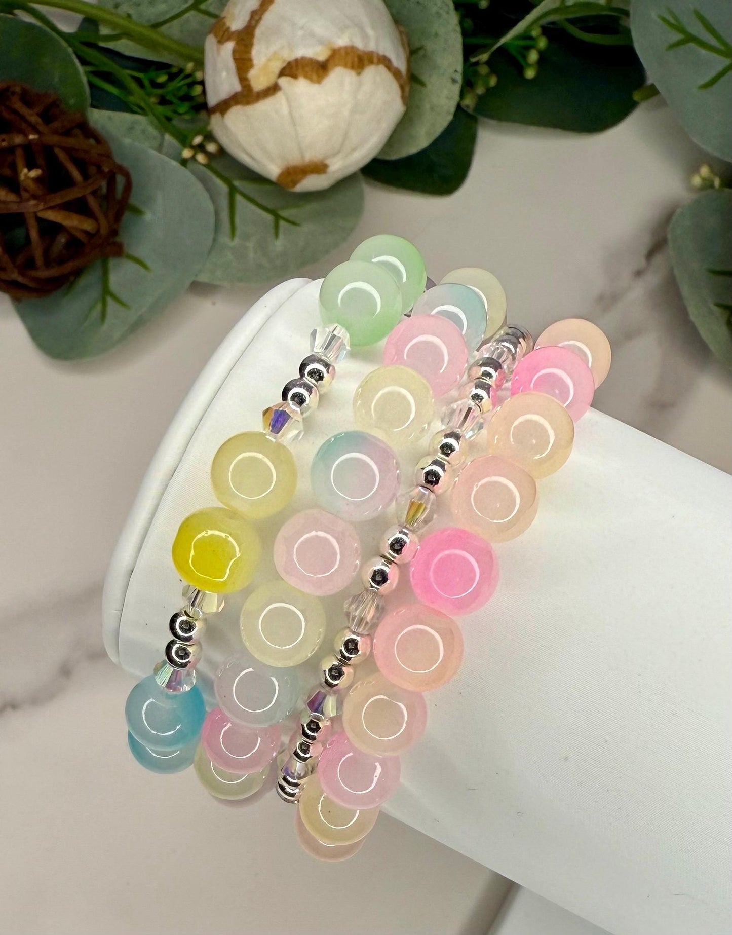 Cotton Candy Dreams - Glass Bead Bracelet Stack - Multi Color & Design - Coordinating Set - Stretchy, No Clasp Design