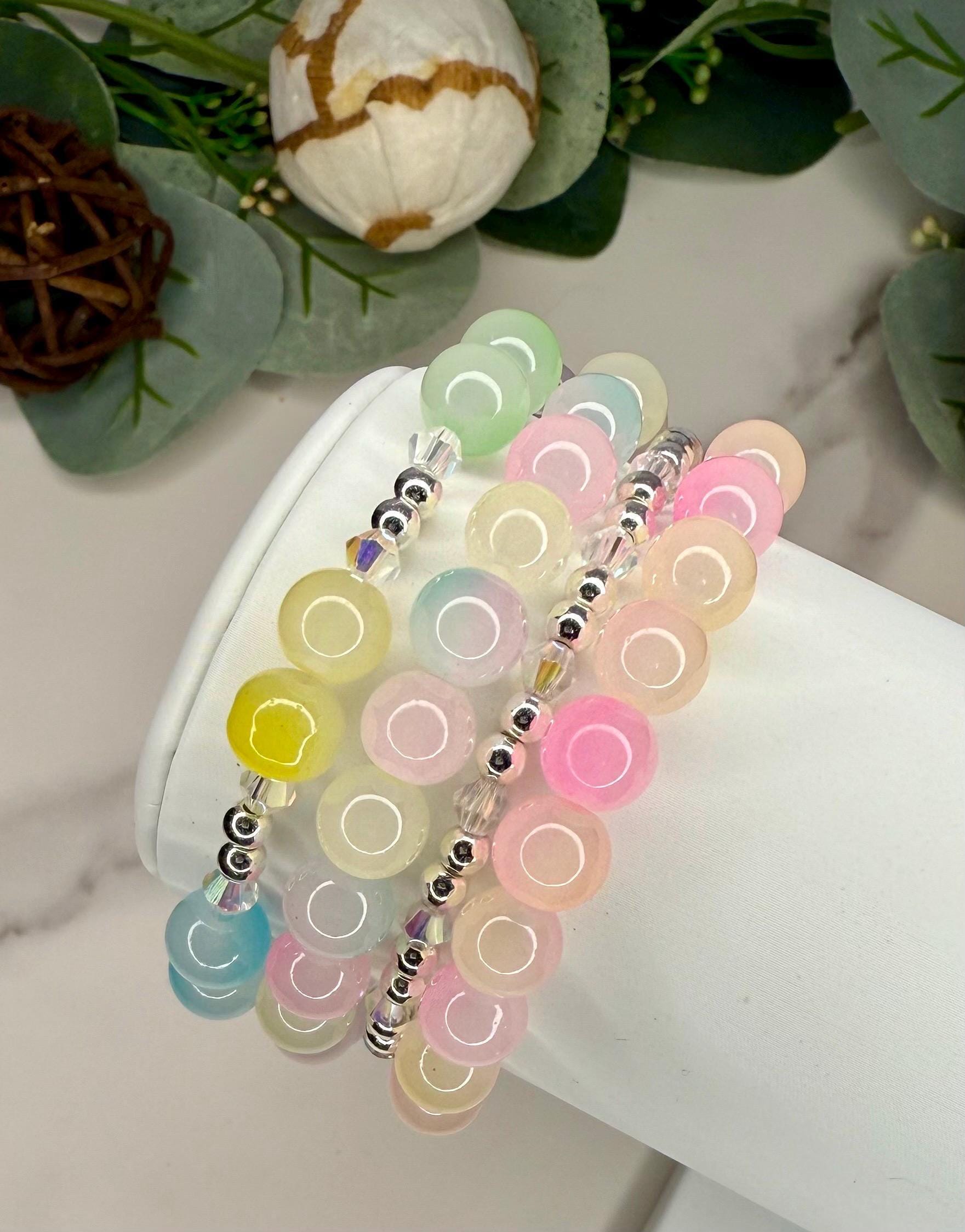 Cotton Candy Dreams - Glass Bead Bracelet Stack - Multi Color & Design - Coordinating Set - Stretchy, No Clasp Design