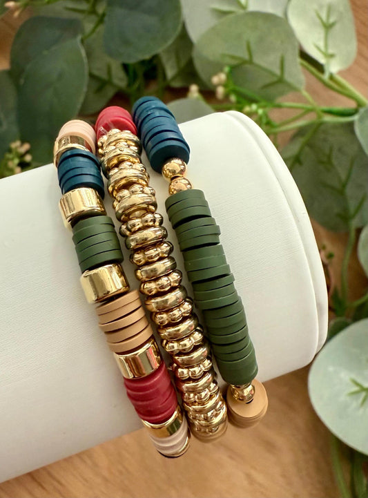 Handmade Clay Bead Bracelet Stack in Nature-Inspired Colors - Stretchy, No Clasp Design