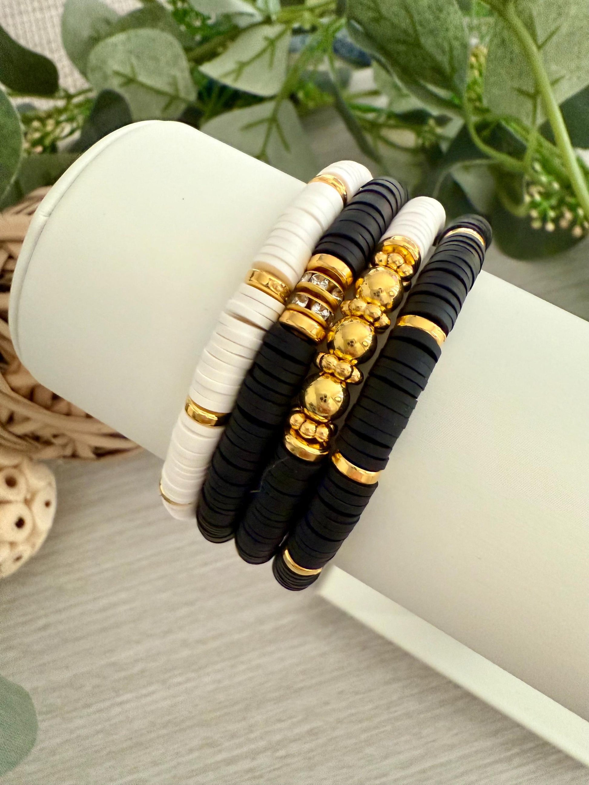 Elegant Black, White & Gold Bracelet Stack: 14k Heishi Bead Clay Set for Women - Handmade Jewelry Gift