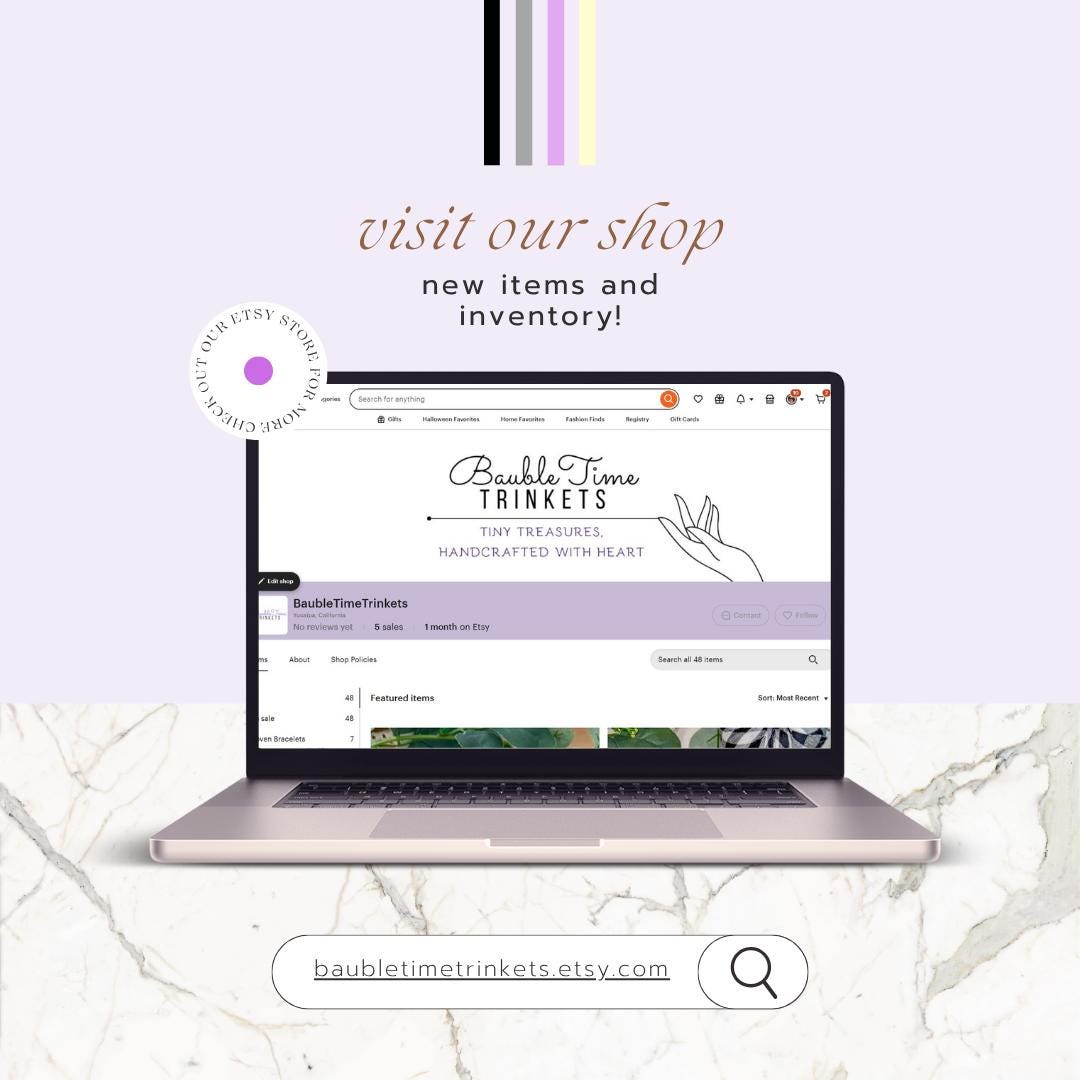 The image is an advertisement for a shop called "BubbleTimeTrinkets", featuring a laptop displaying the shop's website. The text invites viewers to visit the shop and explore new items and inventory.