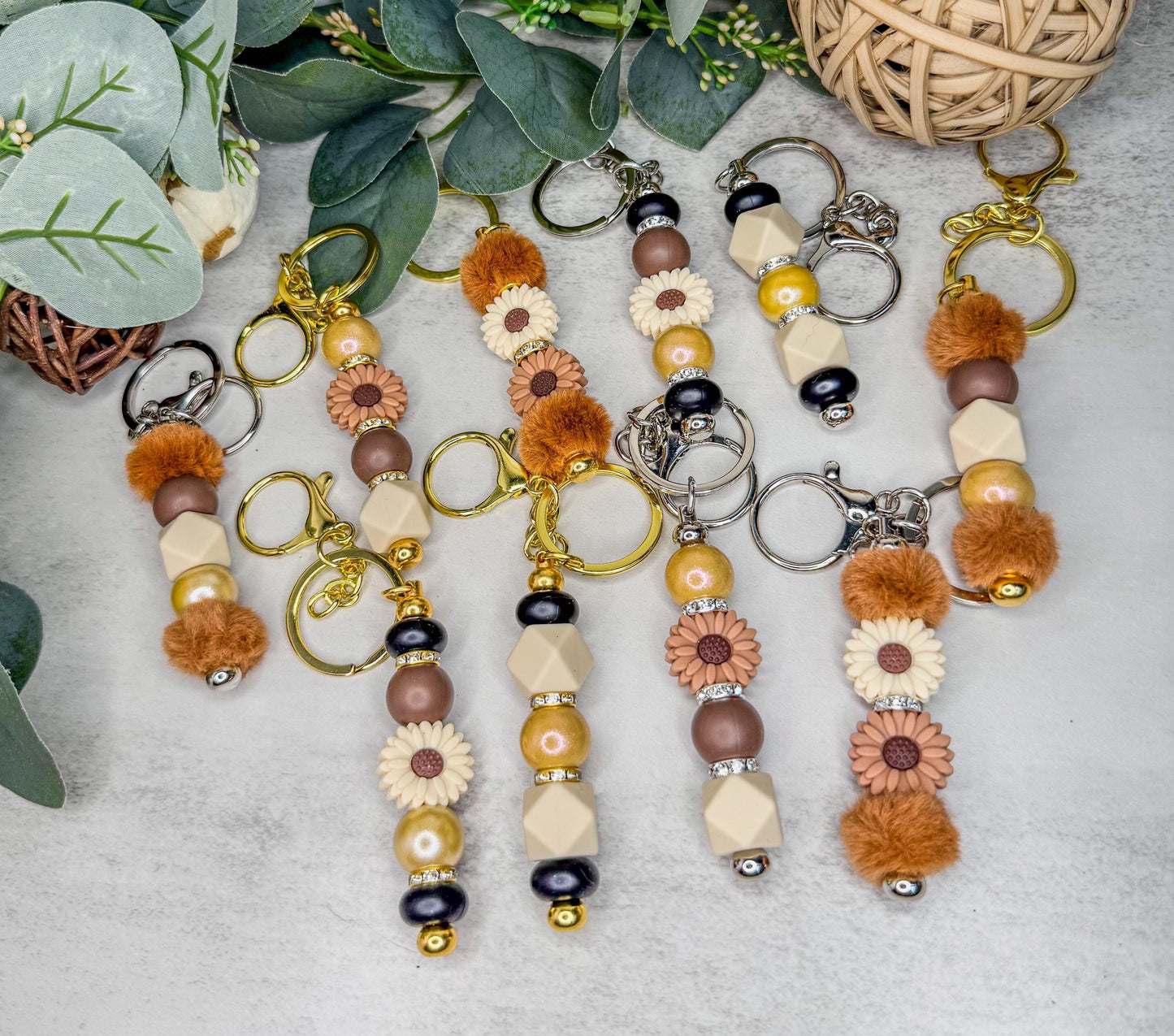 Blooming Keychains (Brown)- Fun Flowers with Beads & Gems