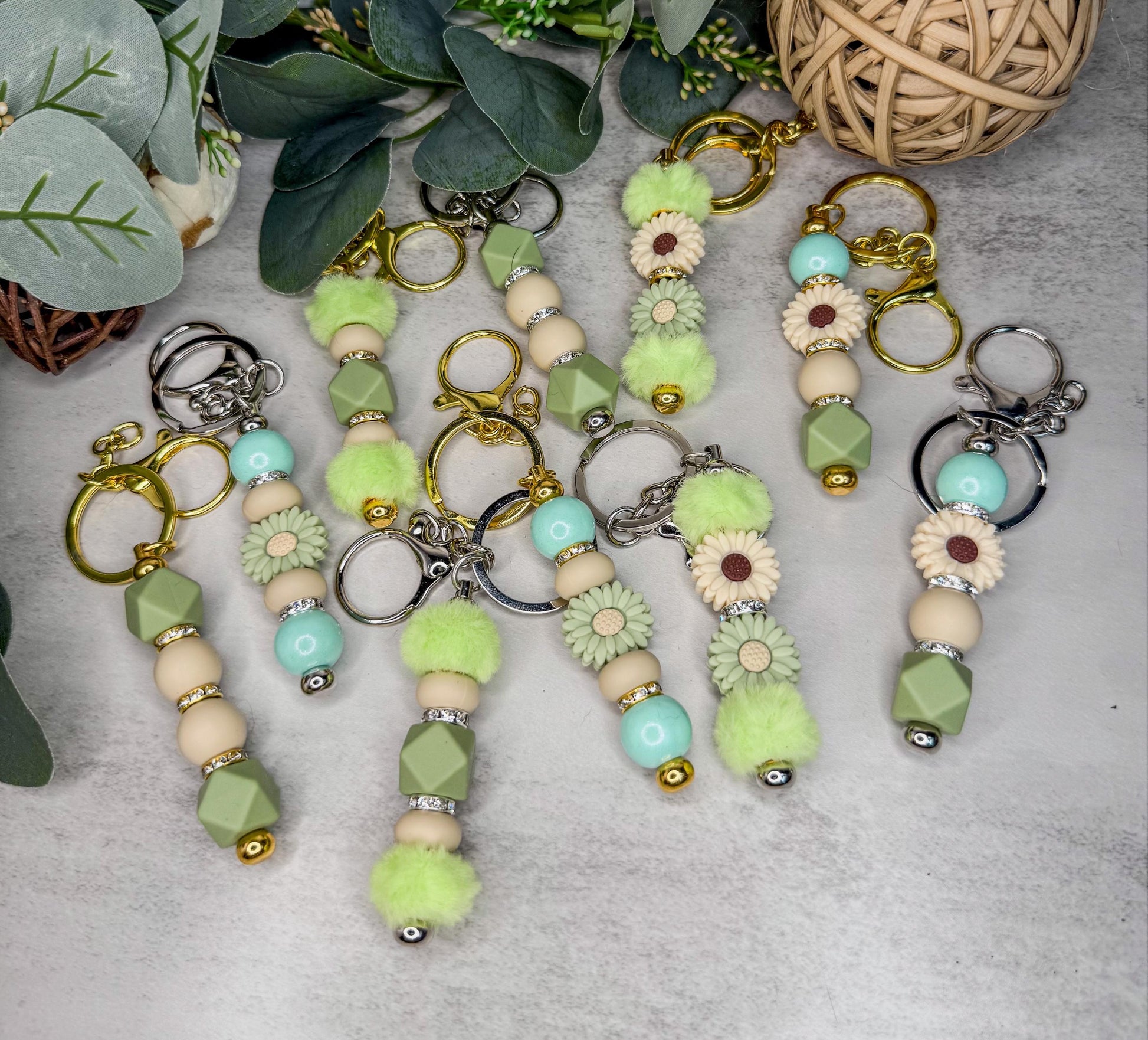 Blooming Keychains (Green)- Fun Flowers with Beads & Gems