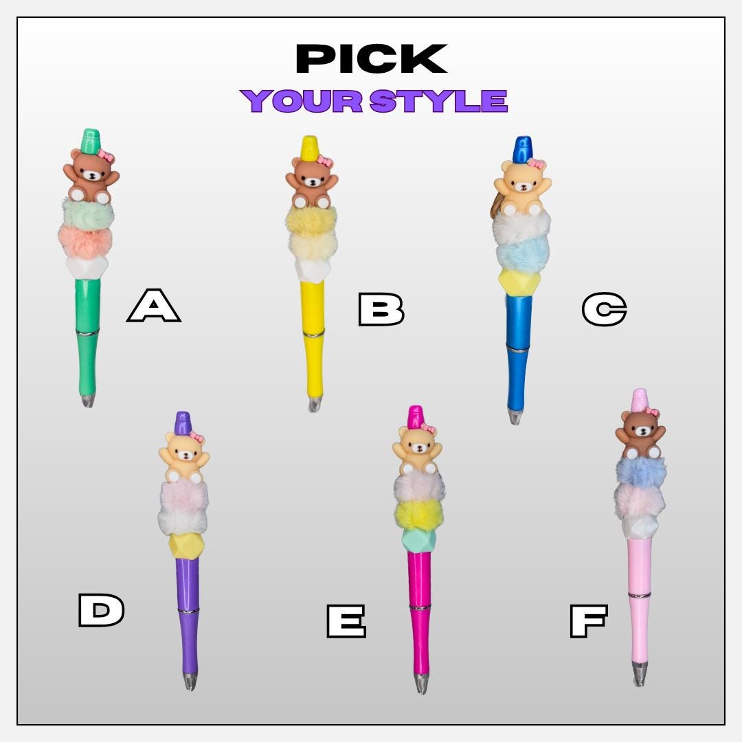 six colorful pens with teddy bear decorations, each with a different color and style.