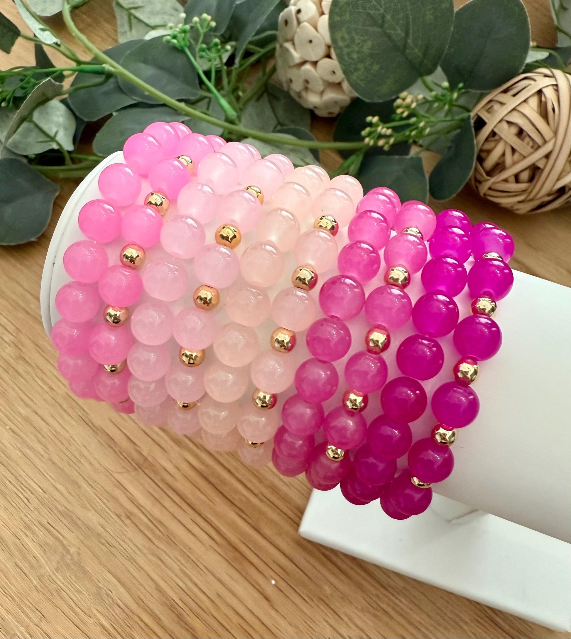 Pink Glass Beaded Bracelet with 14k Gold Filled Spacers - Tarnish Resistant Stacking Jewelry - Elastic Gold Bead Stretch Bracelet for Her