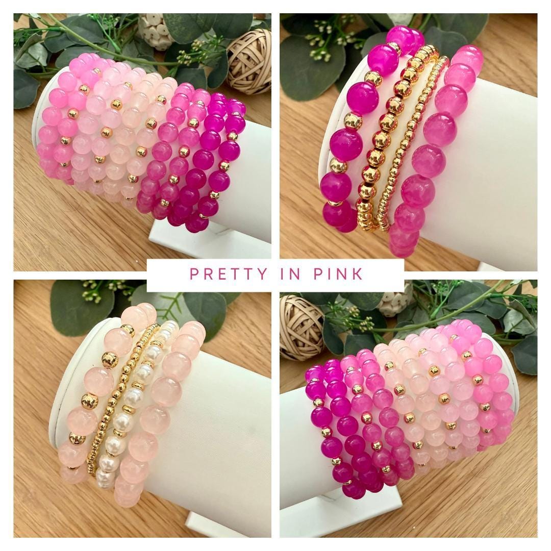 Pink Glass Beaded Bracelet with 14k Gold Filled Spacers - Tarnish Resistant Stacking Jewelry - Elastic Gold Bead Stretch Bracelet for Her