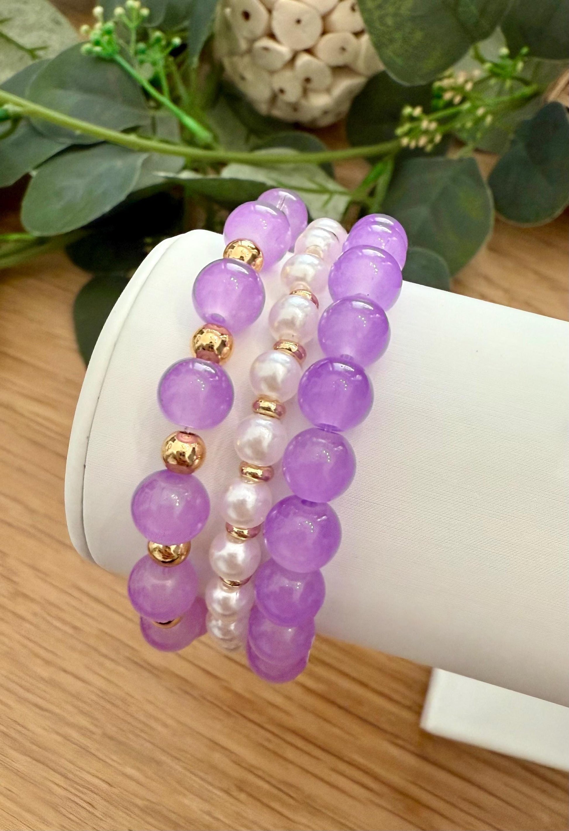 Purple Glass Beaded Bracelet: 14k Gold Filled Spacers, Handmade USA - Stretchy, No Clasp Design
