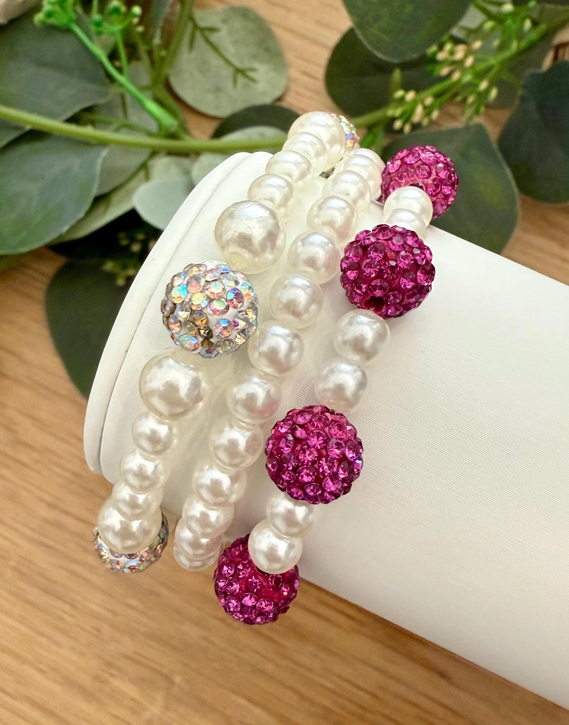 Mix and Match - Rhinestone Shamballa Pearl Bracelets - Various Colors & Sizes - Stretchy, No Clasp Design