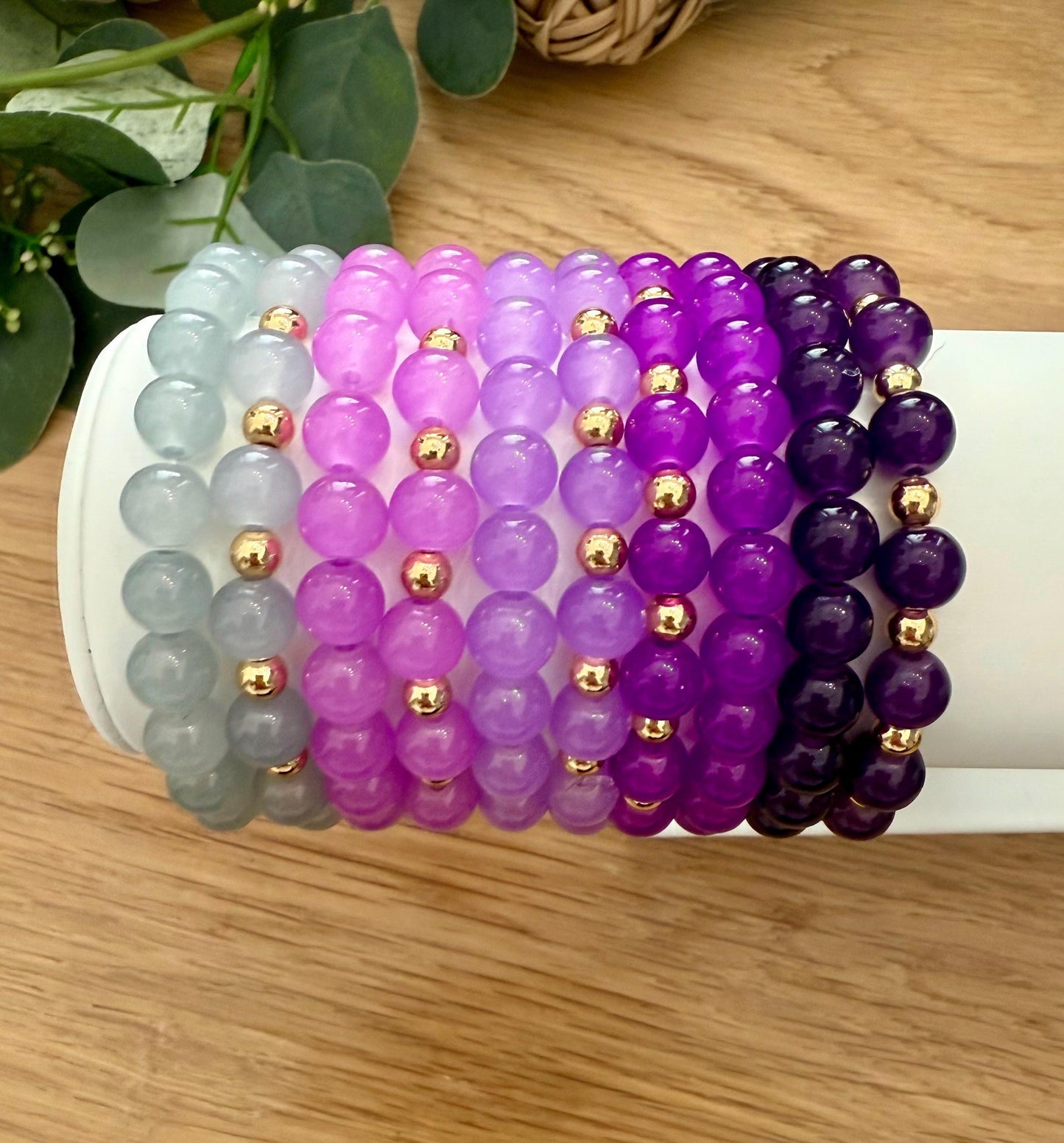 Purple Glass Beaded Bracelet: 14k Gold Filled Spacers, Handmade USA - Stretchy, No Clasp Design