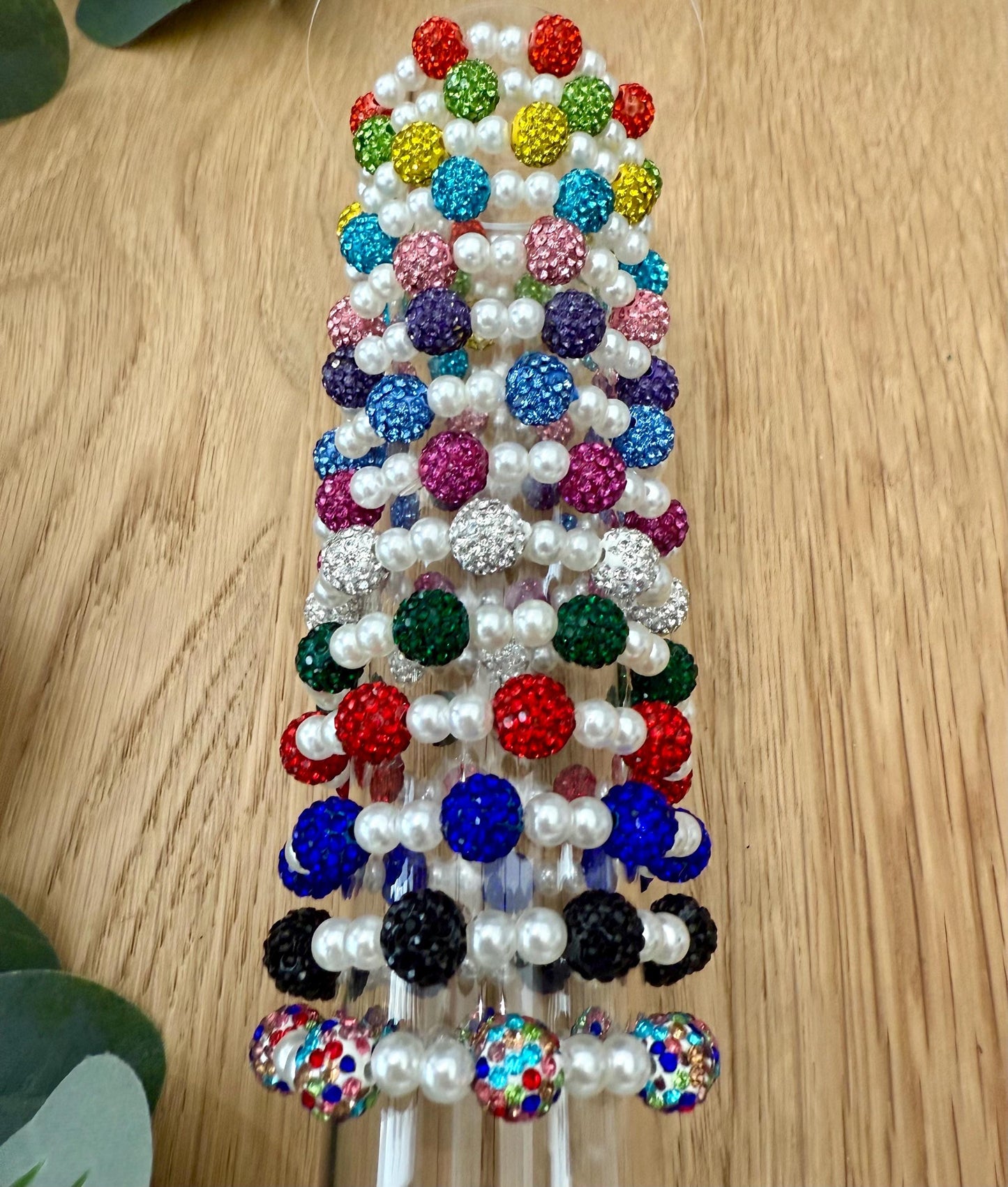 Mix and Match - Rhinestone Shamballa Pearl Bracelets - Various Colors & Sizes - Stretchy, No Clasp Design
