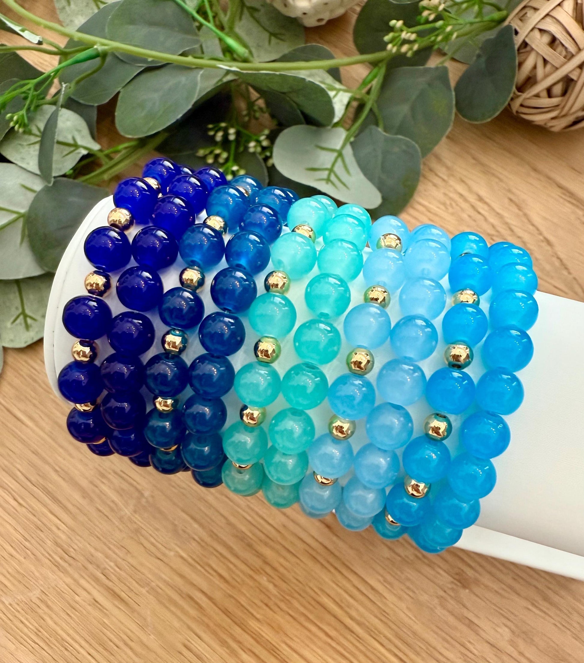 Handmade Blue Glass Beaded Bracelet: 14k Gold Filled Accents - Stretchy, No Clasp Design