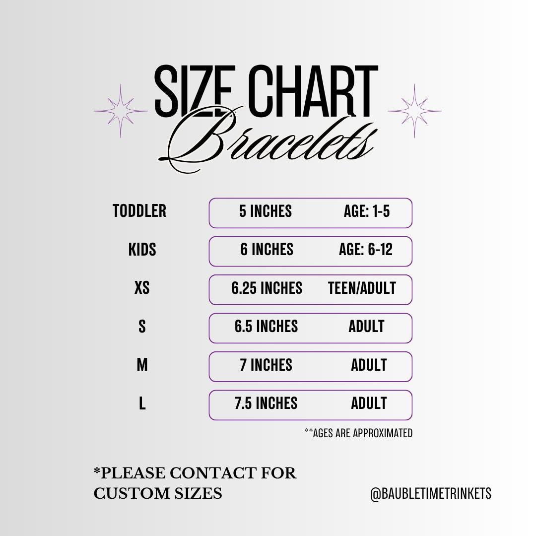 The image is a size chart for bracelets, providing different sizes for children and adults.